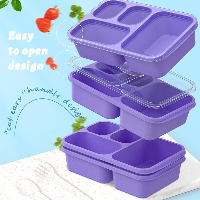 Bento Box 4-Pack 5-Compartment Meal Prep Containers, BPA-Free Plastic, Stackable Food Storage Lunch Boxes for Adults and Kids, School Work Travel (Purple)