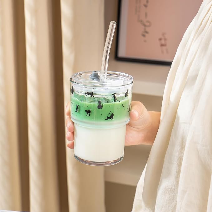 Olvini 13oz Glass Tumbler with Straw and Lid, Reusable Iced Coffee Cup Tumbler, Cute Glass Cups for Water, Matcha, Travel Coffee Mugs (Black Cat - 13oz)