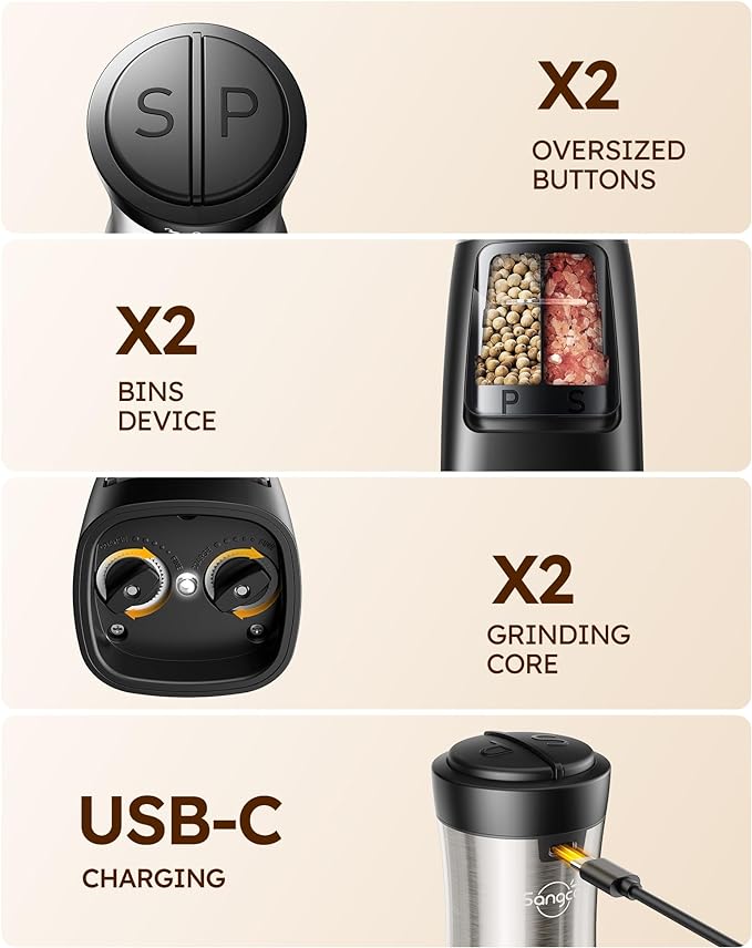 Sangcon Electric Salt and Pepper Grinder Set Shakers 2 IN 1 - USB RECHARGEABLE Salt and Pepper Mill Set All in One, Automatic Refillable Adjustable Coarseness Ceramic Grinder with Light