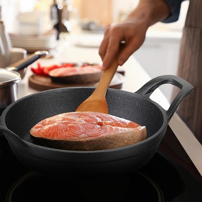 Sliner 4 Sets Mini Cast Iron Skillet Small Cast Iron Plates Skillet with Wooden Base Small Round Pan Fajita Plate Pot for Baking Cooking (8 Inches)