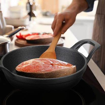 Sliner 4 Sets Mini Cast Iron Skillet Small Cast Iron Plates Skillet with Wooden Base Small Round Pan Fajita Plate Pot for Baking Cooking (8 Inches)
