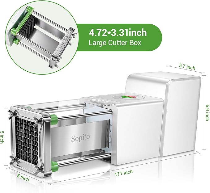 Sopito French Fry Cutter Electric - Stainless Steel Vegetable & Fruit Chopper with 1/2 & 3/8 Inch Blades for Potatoes, Carrots, Cucumbers & Onions