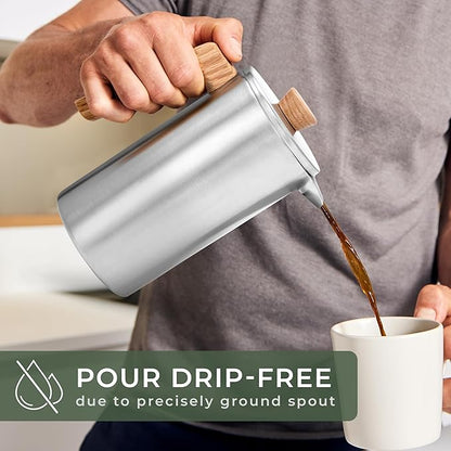 WALDWERK French Press (34 oz) - Non-Toxic Stainless Steel Double Wall French Press Coffee Maker - Plastic Free Coffee Press with Oak Wood Handle - No Plastic