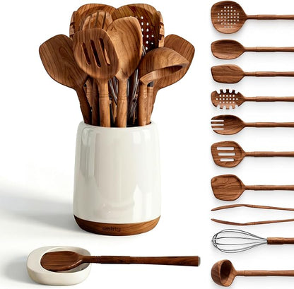 SMIRLY Wooden Spoons for Cooking - 12-Piece Premium Walnut Wood Utensil Set with Ceramic Holder & Spoon Rest, Non-Scratch Cooking Utensils Set for Nonstick Cookware, Luxury Kitchen Gift Set [Walnut]
