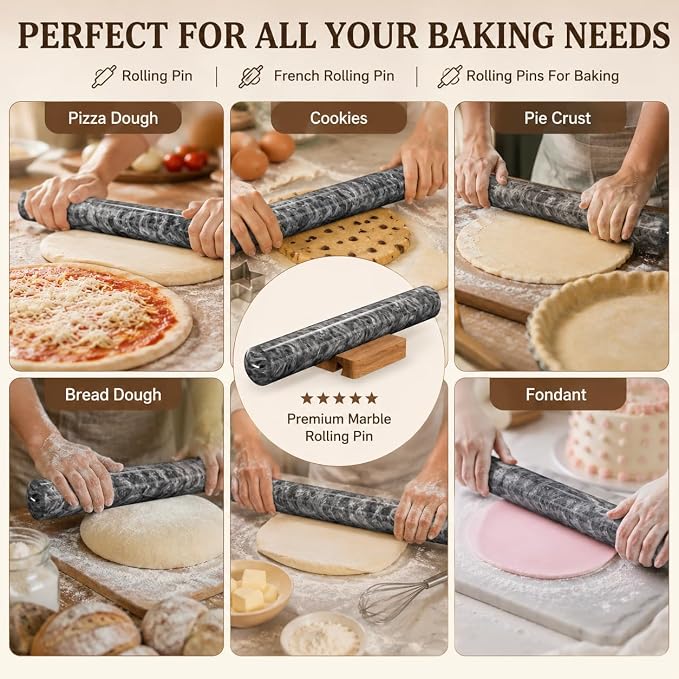 French Rolling Pin for Baking, FiiMan 12 Inch Marble Rolling Pins with Wooden Stand, Heavy Stone French Polished Non-Stick Roller Pins For Baking Cookie Pizza Pastry (Black)