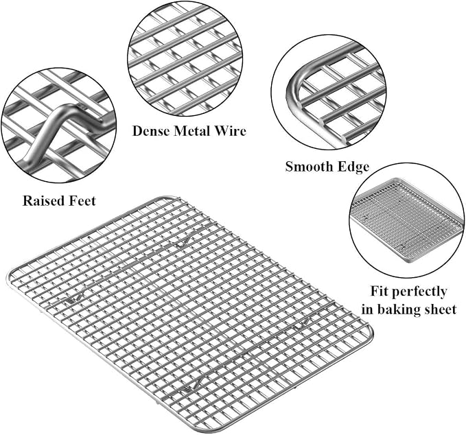 Baking Supplies, Baking Sheet & Rack Set [2 Sheets + 2 Racks], Baking Tray, Stainless Steel Cookie Pan with Cooling Rack, Non Toxic & Heavy Duty & Easy Clean (9 x 7 x 1 inch)