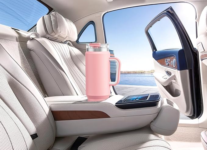 Meoky 40 oz Tumbler with Handle and Straw, Insulated Tumbler with Lid and Straw, Stainless Steel Travel Mug, Keeps Cold for 34 Hours, 100% Leak Proof, Fits in Car Cup Holder (Blush)