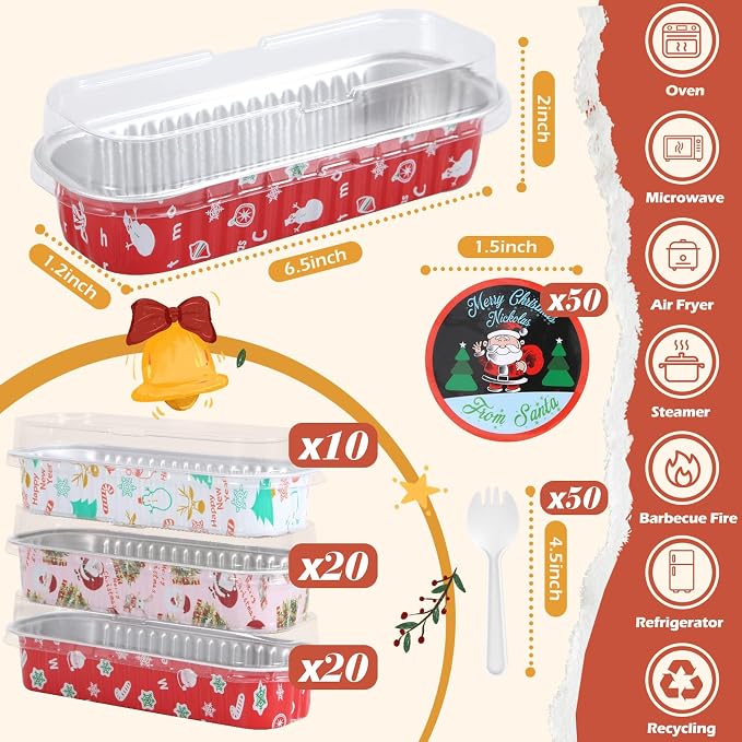 50Pack Mixcolor Christmas Mini Cake Pans with Lids and Spoons Mini Loaf Pans with Lids, 6.8Oz Aluminum Foil Pans Tins, Individual Dessert Cups Containers for Sales,Party,Picnics