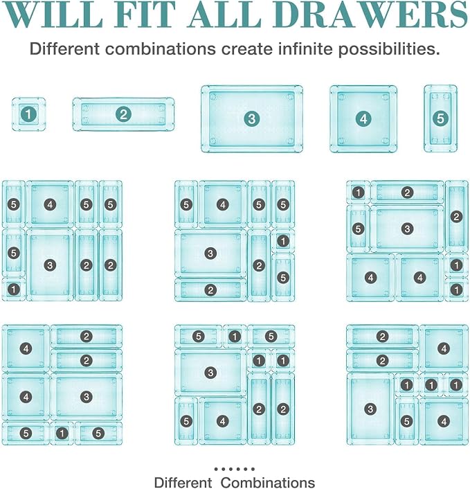 StorMiracle 13 PCS Drawer Organizer Set, 5 Varied Size Bathroom and kitchen Drawer cabinet organizer Trays, Clear Storage Bins for Makeup, Jewelry, Utensils and Gadgets