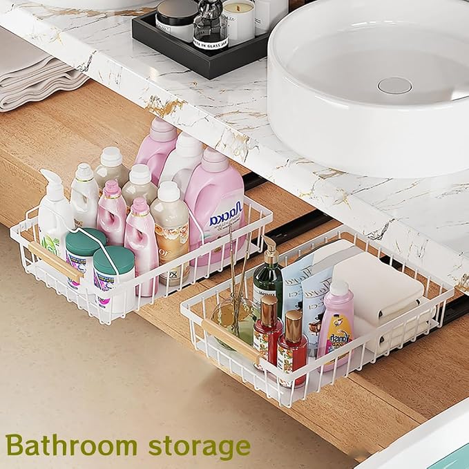 2 Pack No Drill Pull Out Cabinet Organizer, Premium Carbon Steel Slide-Out Drawers with Strong Nano Adhesive, Under Cabinet Storage for Kitchen, Pantry, Bathroom, White