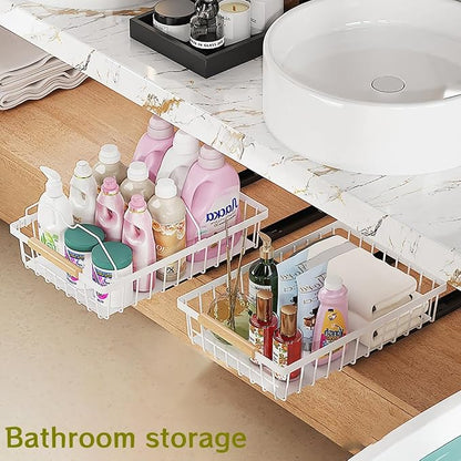 2 Pack No Drill Pull Out Cabinet Organizer, Premium Carbon Steel Slide-Out Drawers with Strong Nano Adhesive, Under Cabinet Storage for Kitchen, Pantry, Bathroom, White