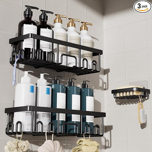 Veken Shower Caddy 3-Pack, Advanced Rustproof Design, No Drilling Adhesive Shelves, Rack with Soap Holder, Large Capacity Bathroom Organizers and Storage, Wall-Mounted Kitchen & Home Decor, Black