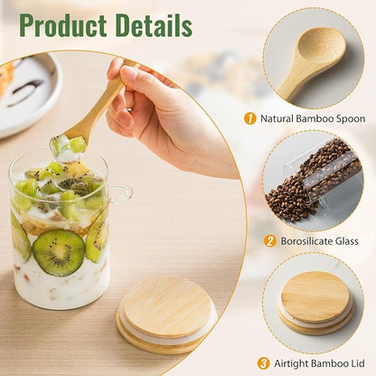 6 Pack 16oz Glass Jars with Bamboo Lids and Spoon,Overnight Oats Container,Round Glass Containers for Food,Oatmeal,Yogurt,Snack,Spice,Meal prep,Chia seed pudding and Salad Jar