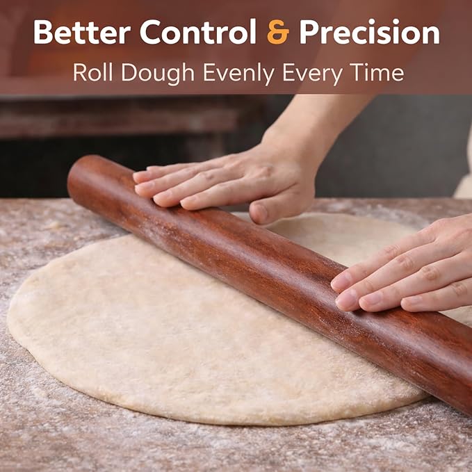 17 Inch French Rolling Pin, Wooden Dough Roller for Baking, Solid Wood Tapered Rolling Pin for Pizza, Pie Crust, Cookies, Pastry, Non-Stick, Easy Control Kitchen Baking Tool, African Rosewood