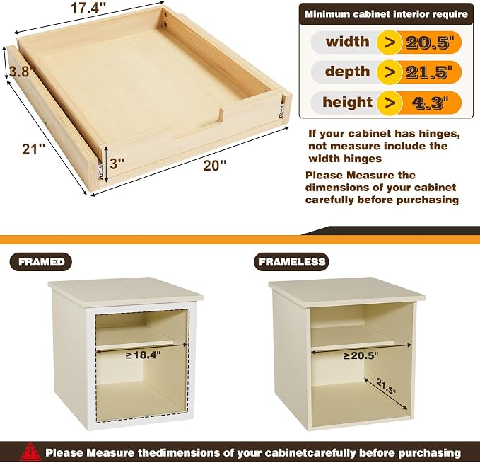 Pull Out Cabinet Organizer, 20''W×21''D Sliding Drawers for Cabinets, 1 Tier Soft Close Slide Out Wooden Pull out Drawers, Base Cabinet Organization for Kitchen, Pantry, Bathroom