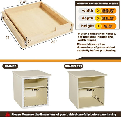 Pull Out Cabinet Organizer, 20''W×21''D Sliding Drawers for Cabinets, 1 Tier Soft Close Slide Out Wooden Pull out Drawers, Base Cabinet Organization for Kitchen, Pantry, Bathroom