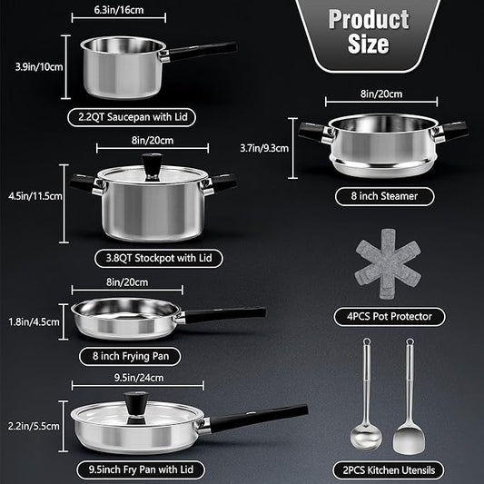 Stainless Steel Cookware Set, 14-Piece Pots and Pans Set, Kitchen Cookware Set with Stay-Cool Handle, Non-Toxic, Dishwasher Safe & Compatible with All Stovetops (Gas, Electric & Induction)