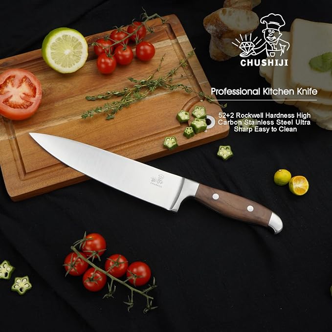 CHUSHIJI Chef Knife 8 Inch, Japanese Professional Chef knife High Carbon Stainless Steel, Razor Sharp Chefs Kitchen Knife, Vegetable Chopping Knife for Cooking With Full-tang Handle, Walnut