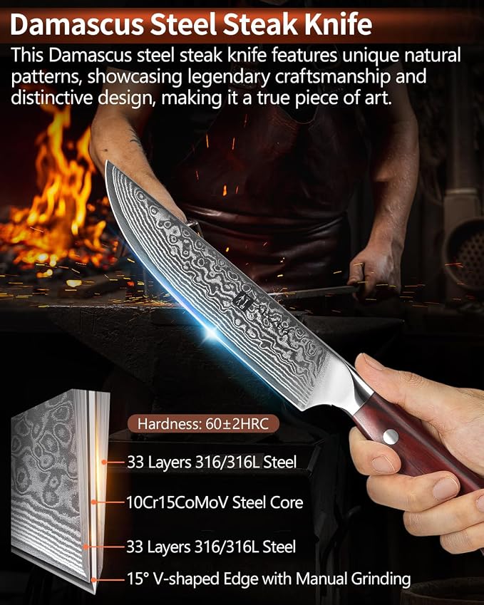 XINZUO 5Pcs Steak Knives Set, Non Serrated Dinner Knives with Drawer Knife Holder,67-layer Damascus Steel Kitchen Knife with Rose Wood Handle, Acacia Wood Knife Block