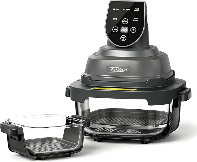 5-in-1 Glass Air Fryer for Healthy Oil-Free Cooking, Portable 1500W Countertop Cooker with 4QT & 6-Cup Glass Bowl, Non-Toxic Design & Dishwasher Safe for Single & Family Meals