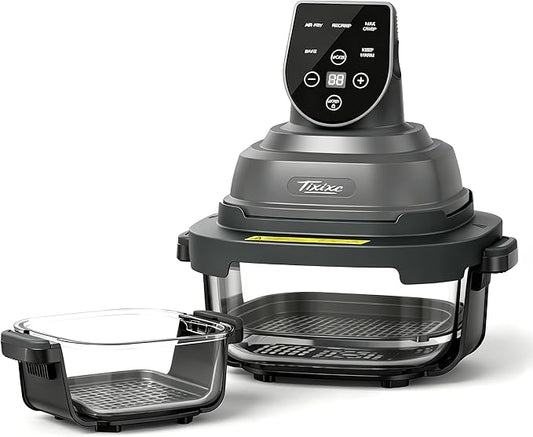 5-in-1 Glass Air Fryer for Healthy Oil-Free Cooking, Portable 1500W Countertop Cooker with 4QT & 6-Cup Glass Bowl, Non-Toxic Design & Dishwasher Safe for Single & Family Meals