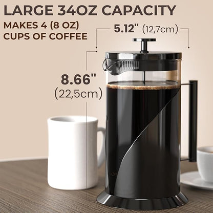 Cafe Du Chateau Stainless Steel French Press Coffee Maker 34 oz - Easy to Use Insulated Coffee Press with 4-Level Filtration, Manual Brewer for Tea, Camping & Travel with BPA Free, Durable Clear Glass