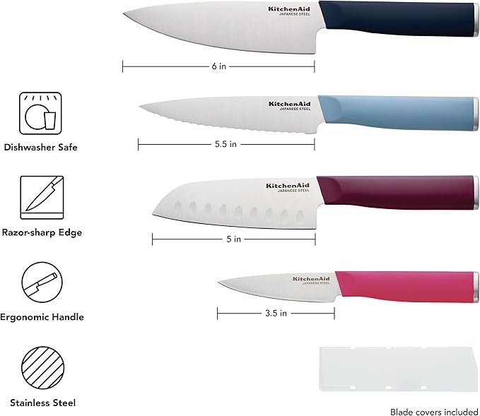 KitchenAid 4-Piece Chef Knife Set with Blade Covers, 6-Inch Chef Knife, 5-Inch Santoku, 5.5-Inch Serrated Utility, 3.5-Inch Paring Japanese Steel, Assorted Colors