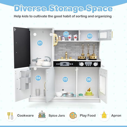 HONEY JOY Kids Kitchen Playset, Wooden Little Chef Pretend Toy Kitchen Set w/Chalkboard, Telephone, Utensils, Oven, Microwave, Sink, Storage, Play Kitchen for Toddlers Boys Girls, White Golden