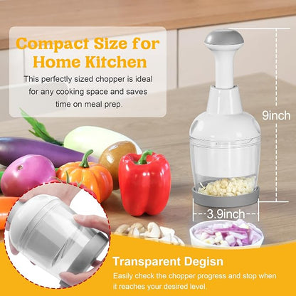 Food Chopper with Container – Manual Onion & Vegetable Chopper, 360° Stainless Steel Blades, Handheld Garlic Nut Veggie Cutter, Dishwasher Safe, Easy to Clean, White