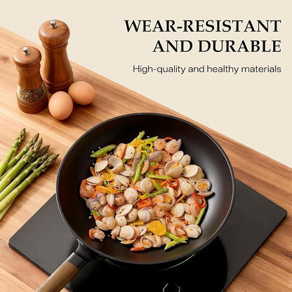 Carbon Steel Wok, New Chinese-Style Pan with lid, 13 Inch carbon steel woks & stir-fry pans nonstick, Suitable for Induction Cooktops, Electric Stoves, and Gas Ranges