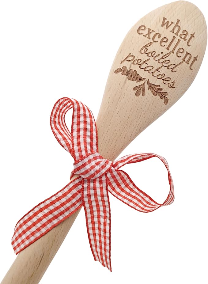 Jane Austen Wooden Spoon with Red Gift Bow – Pride and Prejudice Quote “What Excellent Boiled Potatoes” – Funny Literary Kitchen Utensil & Gift for Book Lovers
