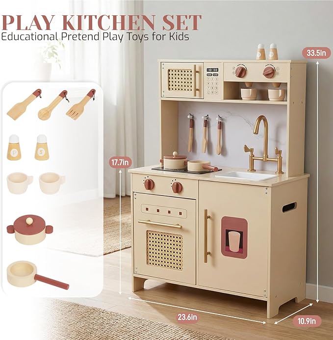 Wooden Kitchen Playsets for Kids, Pretend Play Kitchen with Realistic Clicking Sounds, Gold Faucet, Coffee Maker & Cooking Accessories, Set for Toddlers Boys Girls Age 3+