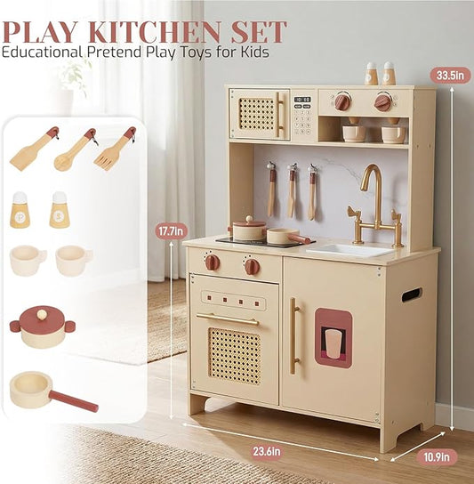 Wooden Kitchen Playsets for Kids, Pretend Play Kitchen with Realistic Clicking Sounds, Gold Faucet, Coffee Maker & Cooking Accessories, Set for Toddlers Boys Girls Age 3+