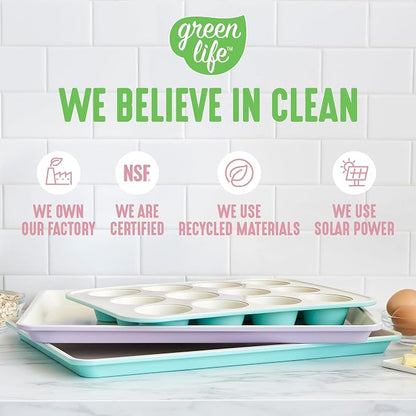 GreenLife 12-Cup Muffin Pan, PFAS-Free Healthy Nonstick Baking Tray, 11.4" x 1.9" x 15.9", Durable Ceramic Bakeware, Cupcakes, Egg Bites, Tarts, Brownies, Pink
