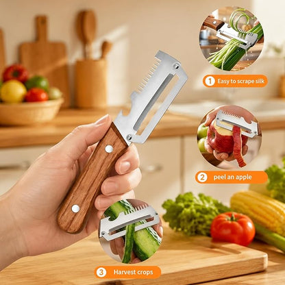 Multi-Functional Kitchen Peeler, 3 in 1 Premium Vegetable Peeler with Wooden Handle and Bottle Opener,Kitchen Gadgets Tool for Fruit Pumpkin Peeling Potato Carrot Veggie Peeler