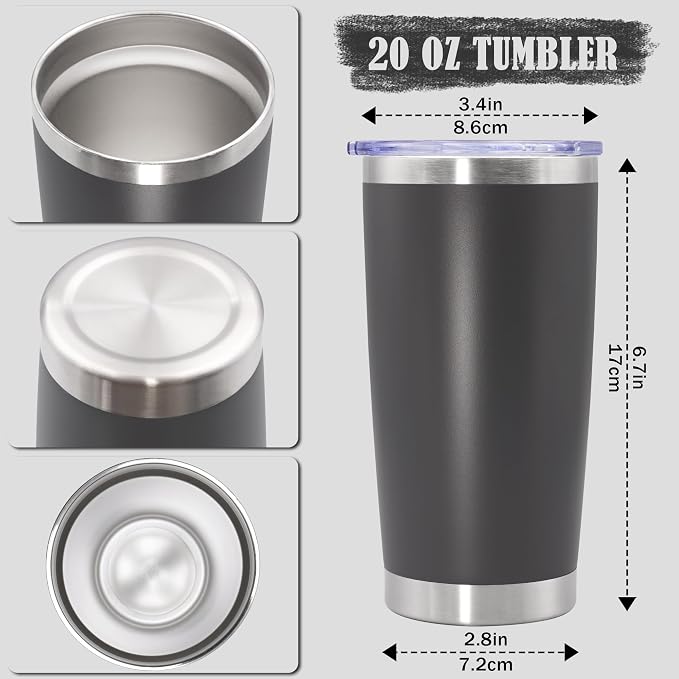20 oz Tumbler Coffee Travel Tumblers Bulk with Lid Stainless Steel Double Wall Vacuum Insulated Mug Powder Coated Cups fit Car Cupholder for Hot and Cold - Grey, 8Pack