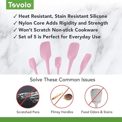 Tovolo Flex Core 5 Piece Silicone Spatula Set Heat Resistant All Silicone Utensils Include Non Stick Spatula Spoonula Jar Scraper, Dishwasher Safe BPA Free Spatulas for Baking Mixing, Pink Sorbet