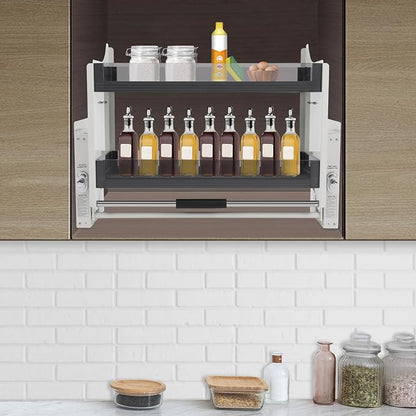 Pull Down Shelf for Upper Cabinets, 2-Tier Drop Down Cabinet Organizer, Kitchen Spice and Dishes Pull Down Storage Shelf, High Cabinet Pull-Out Organizer for Snacks, Bowls, Plate(White, 30in)