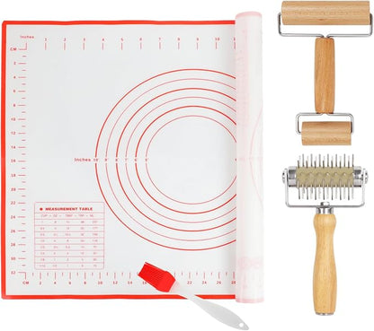 4Pcs Pizza Baking Tool Kit with Dough Docker, Non-Slip Silicone Baking Mat & Wooden Rolling Pin – Essential Tools for Pizza, Pie, Pastry, Bread and Cookies