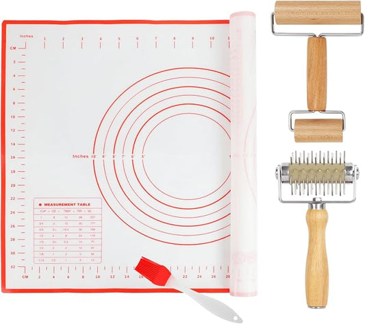 4Pcs Pizza Baking Tool Kit with Dough Docker, Non-Slip Silicone Baking Mat & Wooden Rolling Pin – Essential Tools for Pizza, Pie, Pastry, Bread and Cookies