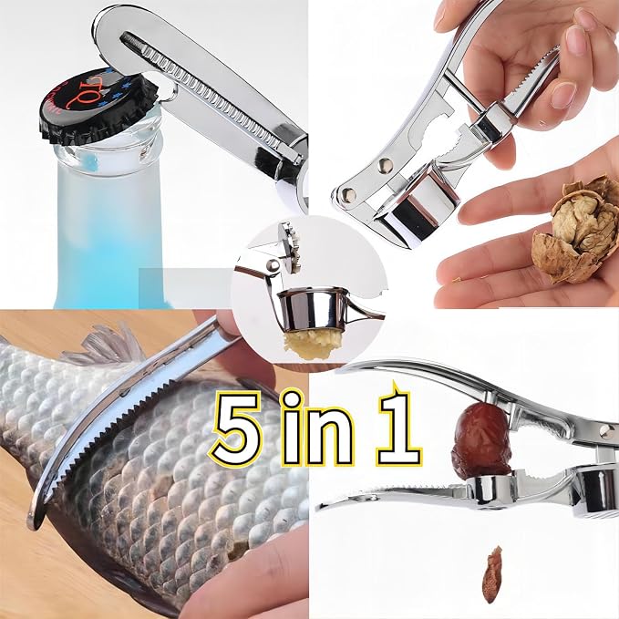 5-in-1 Stainless Steel Garlic Press, Multi-Function Kitchen Gadget with Mincer, Crusher, Bottle Opener, Pit Remover