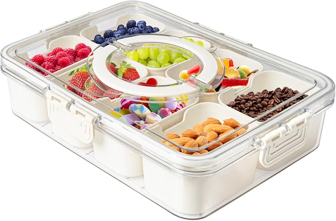 Divided Snackle Box with Handle Food Serving Tray Charcuterie Board with Lid Stackable Fruit&Veggie Container with 8 Small with Removable Boxes for Travel Snack Candy Nuts Spice
