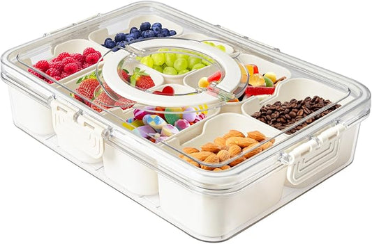 Divided Snackle Box with Handle Food Serving Tray Charcuterie Board with Lid Stackable Fruit&Veggie Container with 8 Small with Removable Boxes for Travel Snack Candy Nuts Spice