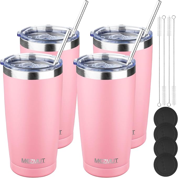 MEZMUT 20oz Tumbler Coffee Travel Mug with Lid and Straw, 4 Pack Stainless Steel Double Wall Vacuum Spill Proof Insulated Tumbler, Hot or Iced Coffee Cups for Drinks (4Pcs, Light Pink)