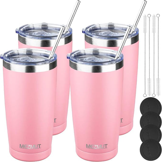 MEZMUT 20oz Tumbler Coffee Travel Mug with Lid and Straw, 4 Pack Stainless Steel Double Wall Vacuum Spill Proof Insulated Tumbler, Hot or Iced Coffee Cups for Drinks (4Pcs, Light Pink)