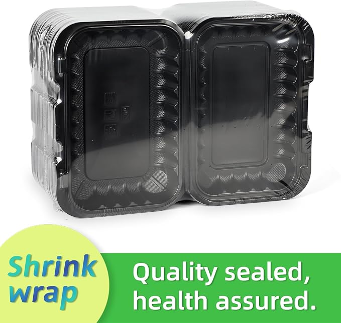 50-Pack 27oz 9x6 Black To Go Container - Shrink Wrapped No Pre-Wash | Sturdy BPA Free | Reusable & Secure Seal | Microwave, Freezer Safe Boxes For Restaurant, Catering, BBQ & Leftovers