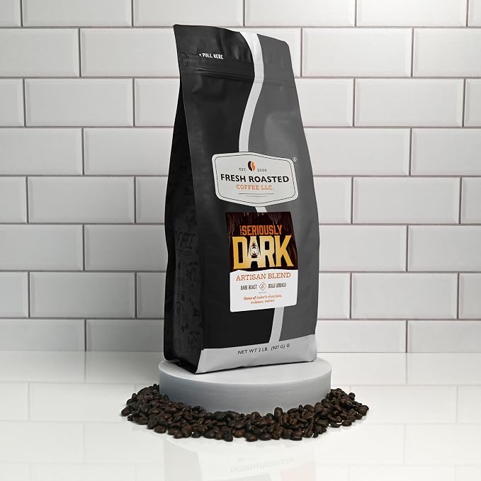 Fresh Roasted Coffee, Seriously Dark Artisan Blend Whole Bean Coffee, Dark Roast, Kosher, 2 lb (32 oz)