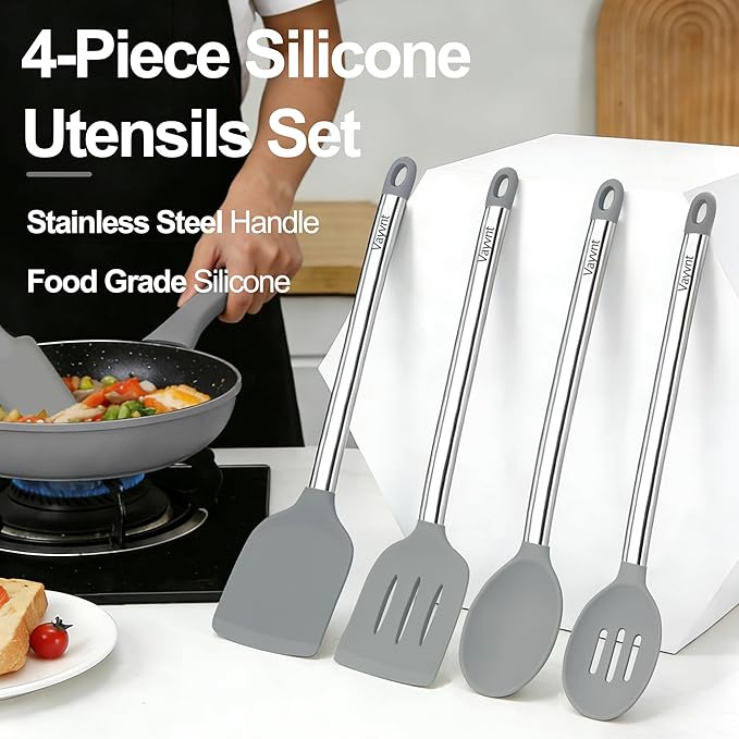 Vayvnt 4 PCS Cooking Utensils Set, Silicone Kitchen Spatula Set for Cooking, Non Toxic Silicone Kitchen Utensils with Stainless Steel Handle, Spoon and Turner, Heat Resistant&Dishwasher Safe, Gray