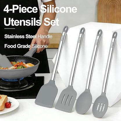 Vayvnt 4 PCS Cooking Utensils Set, Silicone Kitchen Spatula Set for Cooking, Non Toxic Silicone Kitchen Utensils with Stainless Steel Handle, Spoon and Turner, Heat Resistant&Dishwasher Safe, Gray