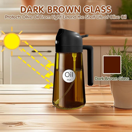 YARRAMATE 2PCS 16oz/470ml Oil Sprayer for Cooking with Stickers, Food-Grade 2 in 1 Olive Oil Dispenser Bottle for Kitchen, Premium Dark AmberGlass Oil Bottle for Air Fryer, BBQ (Black & Green)
